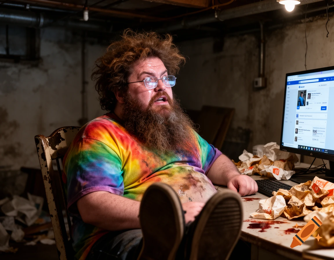 A man with wild hair, a beard, and glasses wears a tie-dye shirt, sweating, as he sits at a computer with Facebook open in a messy basement, his feet on a desk covered in food wrappers.