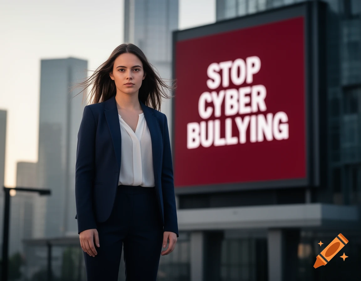 A serious woman in a business suit stands in a city with a billboard behind her displaying 'STOP CYBER BULLYING'.