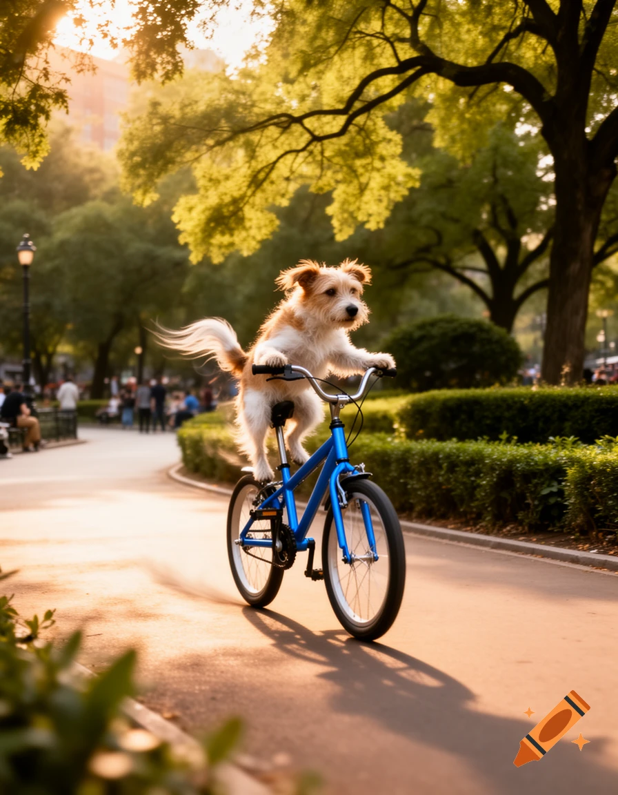 A small terrier dog rides a blue bicycle along a sunlit park path with trees in the background.