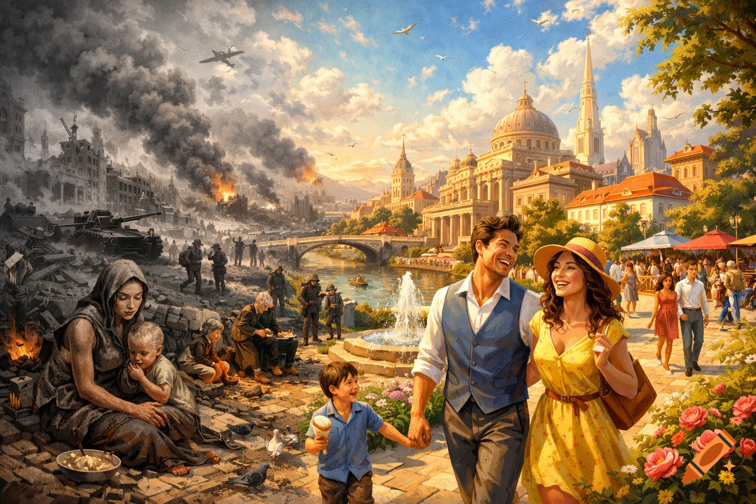 A digital painting contrasting a vibrant city with happy people on the right and a war-torn city with destruction and suffering on the left.