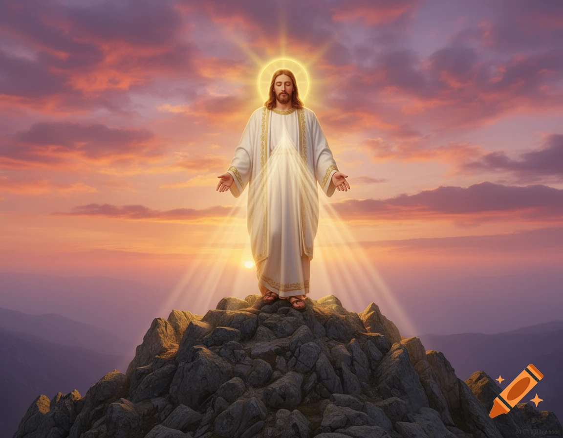 Jesus stands on a rocky mountain peak at sunset, surrounded by divine light and a halo.