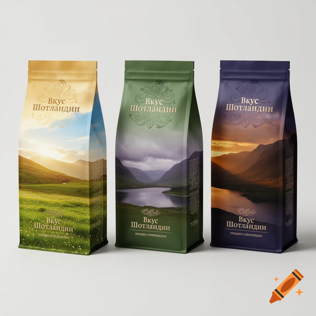 Three matte tea packages, each featuring a Scottish landscape at different times of day: morning, midday, and evening. The packages are gold, green, and dark blue respectively.