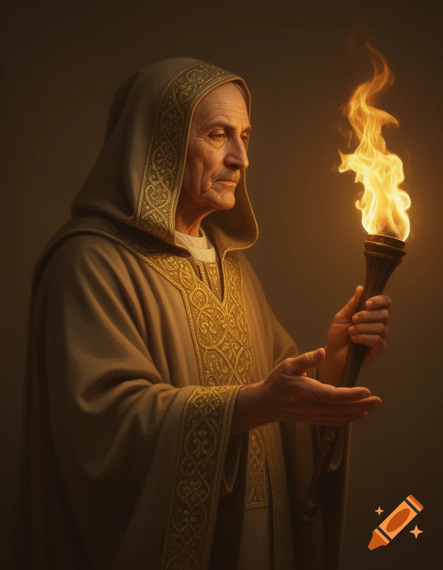 Portrait of an old man in a hooded cloak with gold embroidery, holding a torch with a golden flame, in a dark, mystical setting.