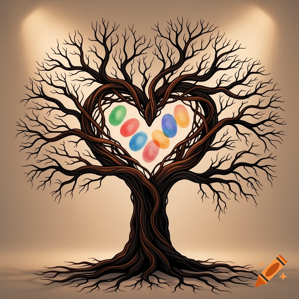 A stylized tree with dark brown branches forming a heart in the center, filled with various colorful fingerprints, against a light brown background.