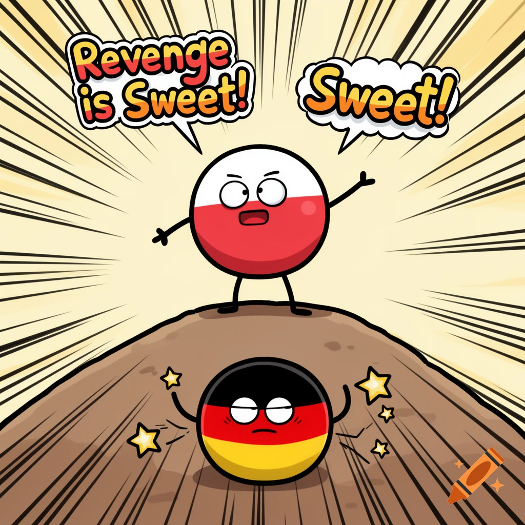 Cartoon Polandball on a hill says 'Revenge is Sweet!' while Germanyball lies dazed below in a countryball comic.