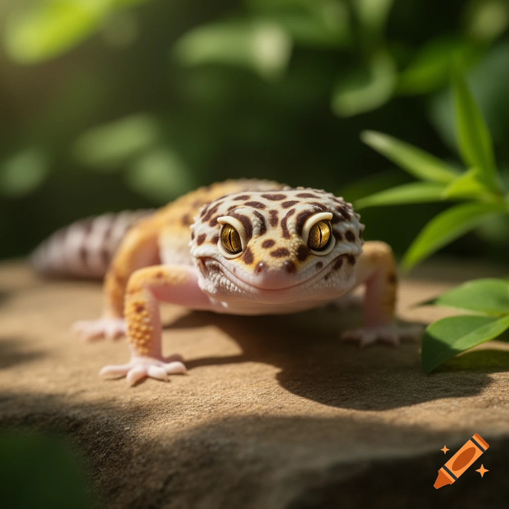 A close-up, photorealistic view of a leopard gecko with large golden eyes and spotted skin, smiling on a textured rock.