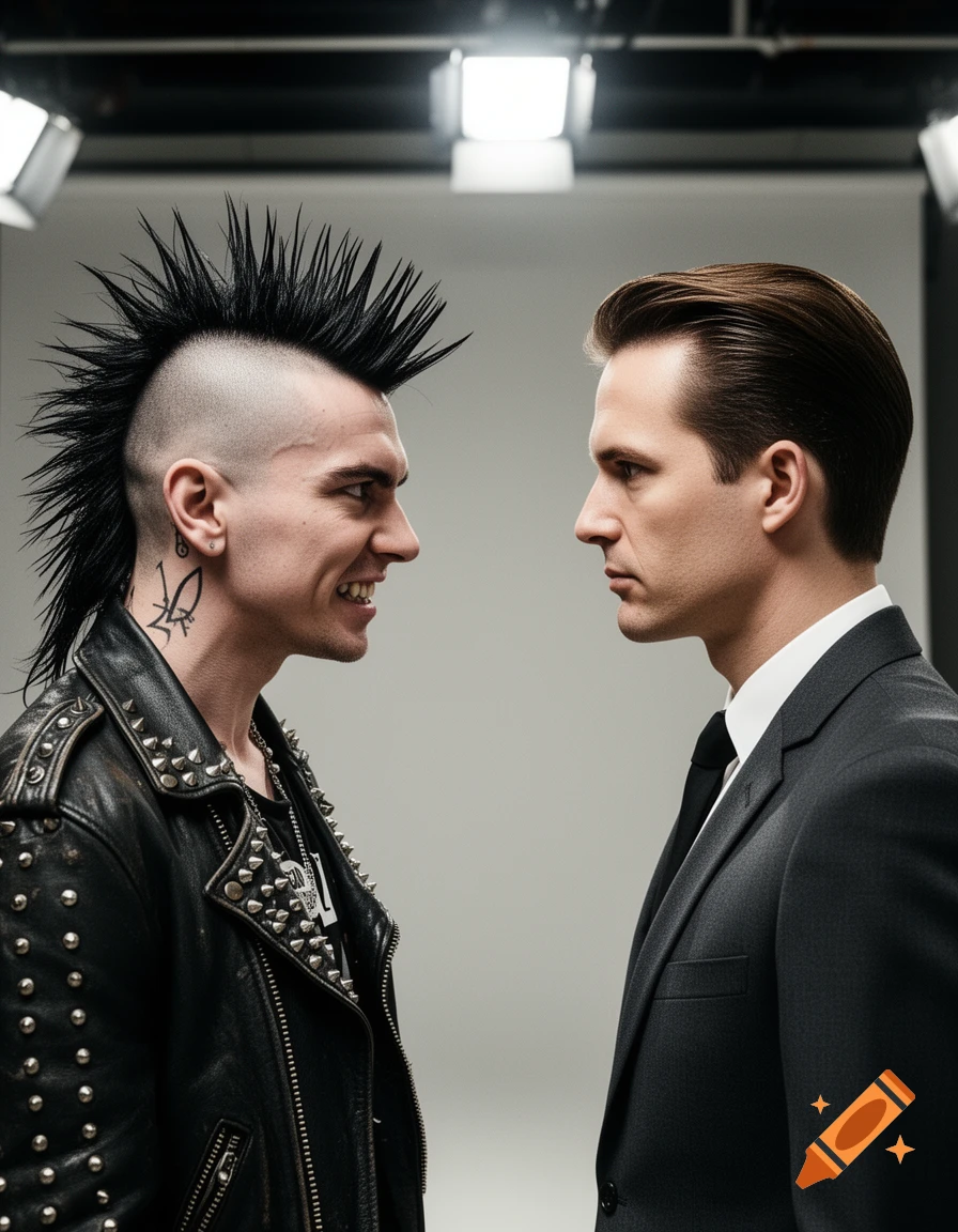A man with a spiked mohawk and studded leather jacket faces off against a man in a sharp suit with slicked-back hair in a studio setting.