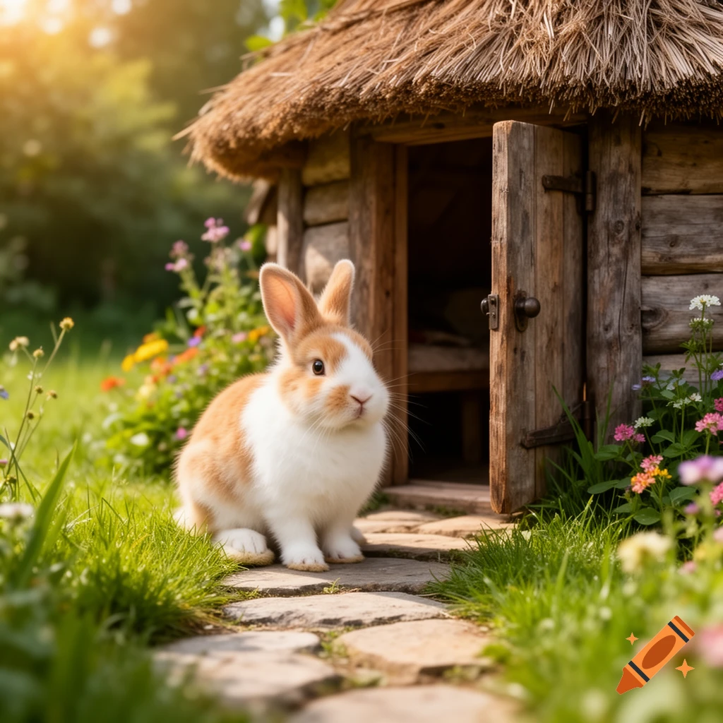 A cute white and brown rabbit sits on a stone path leading to a small, rustic wooden hut with a thatched roof, surrounded by green grass and colorful flowers in bright sunlight.