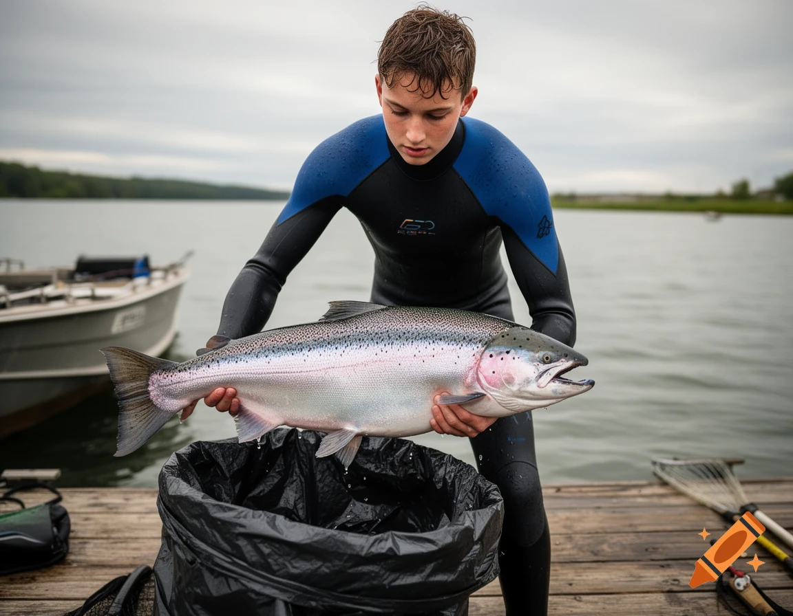 Young man in wetsuit holds large salmon over a garbage bag on a dock, with a lake and boat.