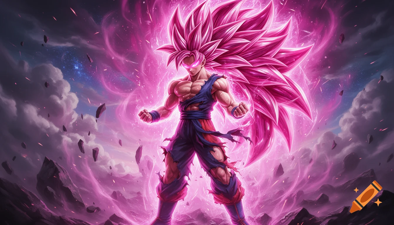 Goku transformed into Super Saiyan with long pink hair, glowing eyes, and a massive pink aura amidst a cosmic battle with debris.