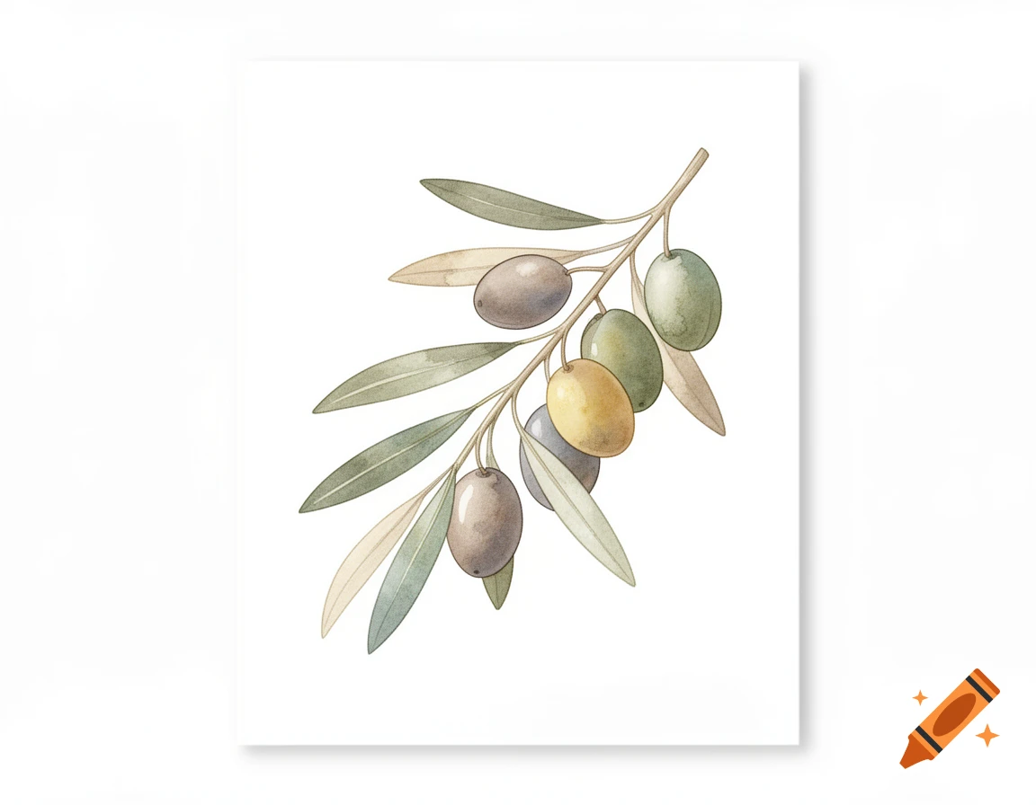 Watercolor illustration of an olive branch with green, yellow, and purple olives on a white background.