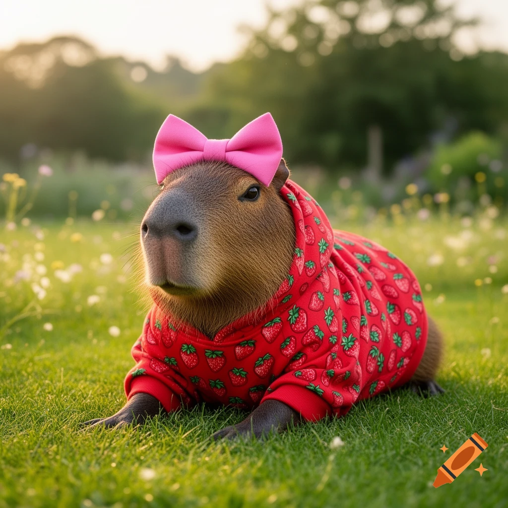 A capybara wearing a pink bow and a red strawberry print hoodie lies in ...