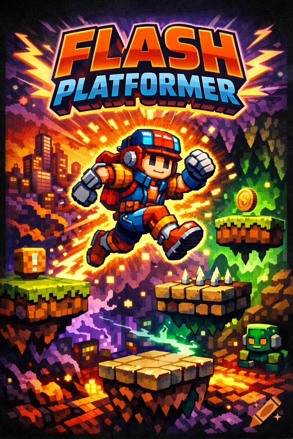 Retro pixel art game box art showing a character jumping over platforms with text 'FLASH PLATFORMER' and a city in the background.