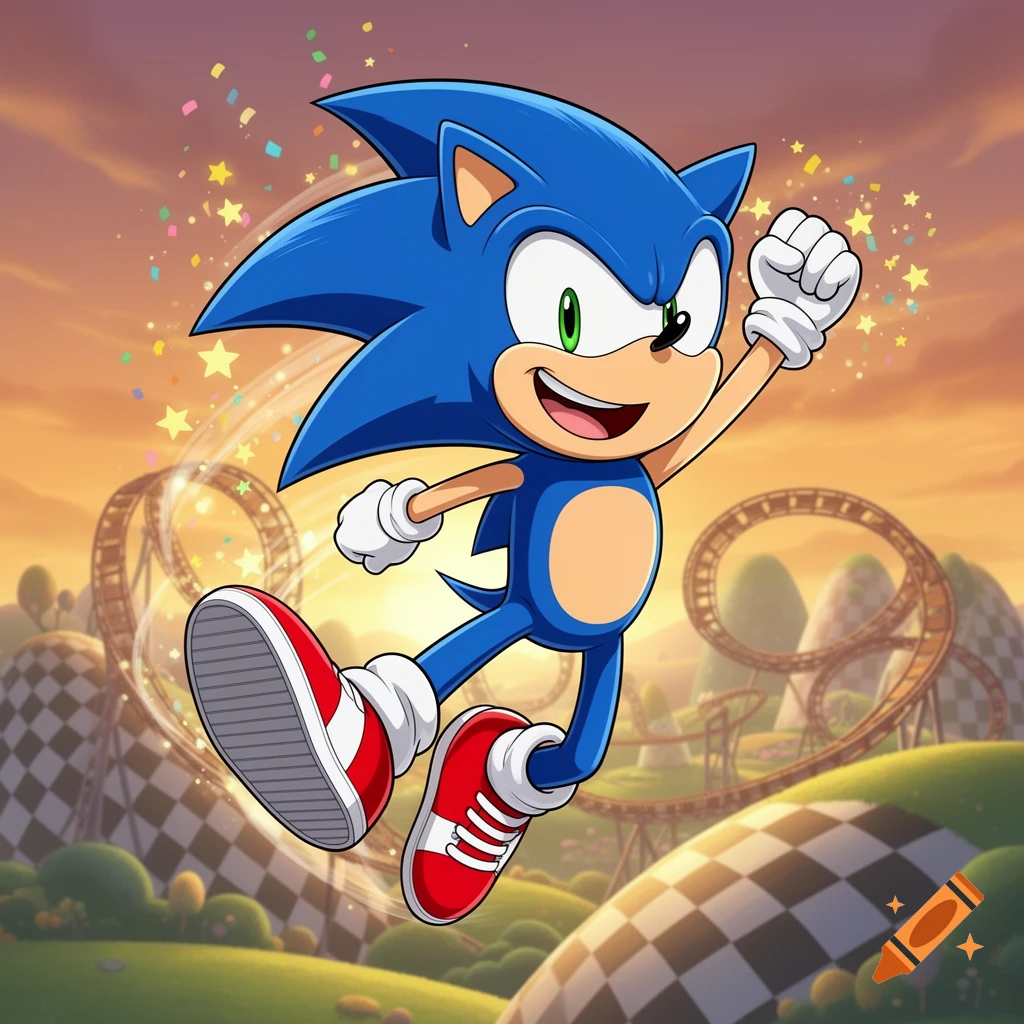 Vibrant cartoon of Sonic the Hedgehog jumping for joy against a sunset sky over a checkered landscape with roller coaster tracks.