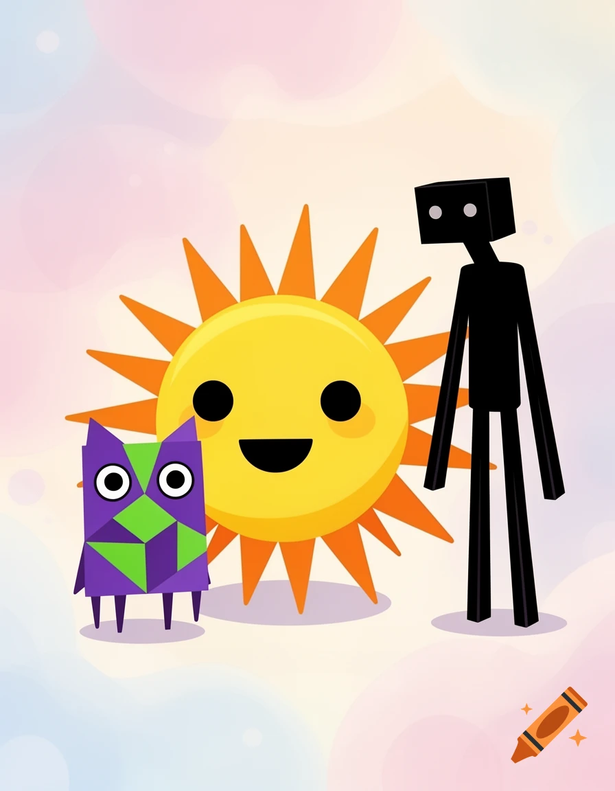 A bright yellow smiling sun with orange rays, a purple and green geometric owl, and a black blocky Enderman-like figure stand against a pastel gradient background in a cartoon style.