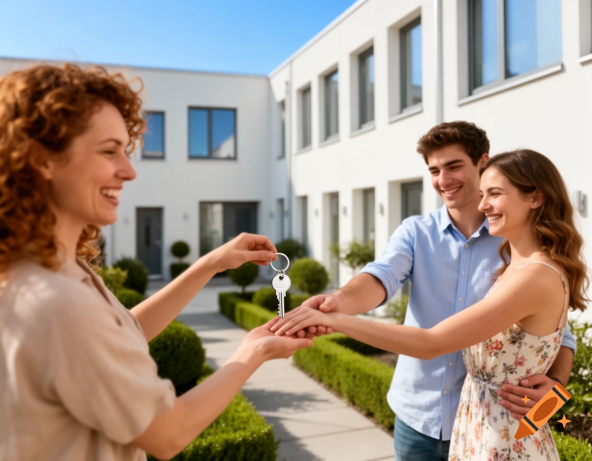 A smiling woman hands over house keys to a happy couple in front of modern white houses and green hedges.