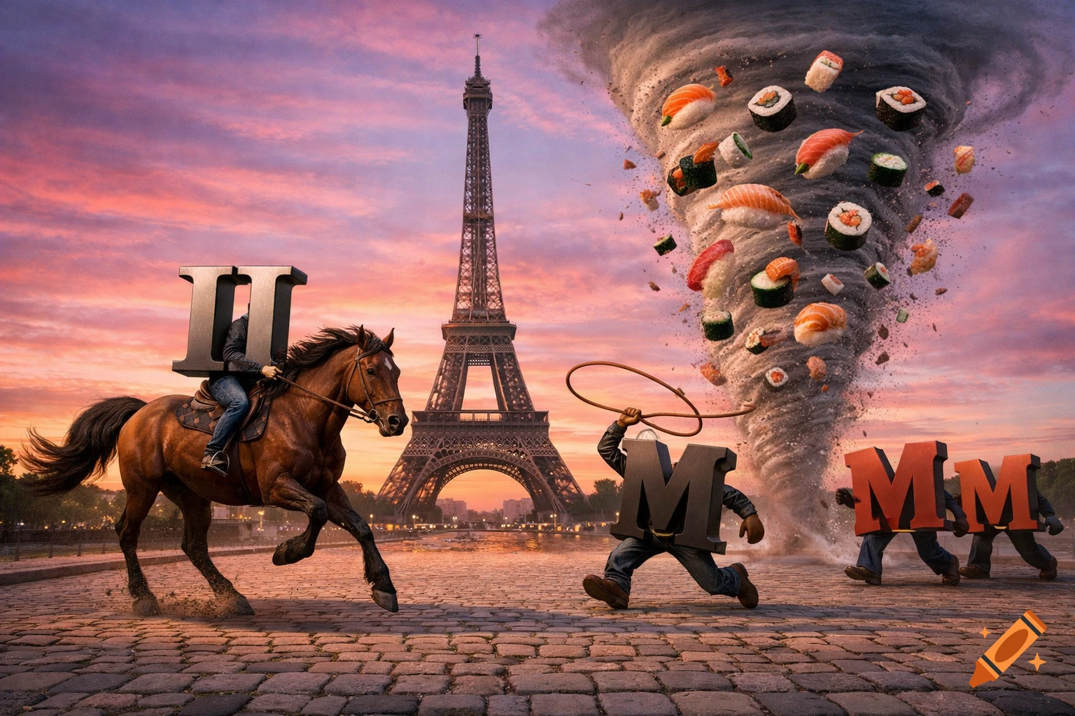A surreal pink sunset over the Eiffel Tower, with a Roman numeral II riding a horse, chased by a capital M with a lasso, as a sushi tornado swirls.