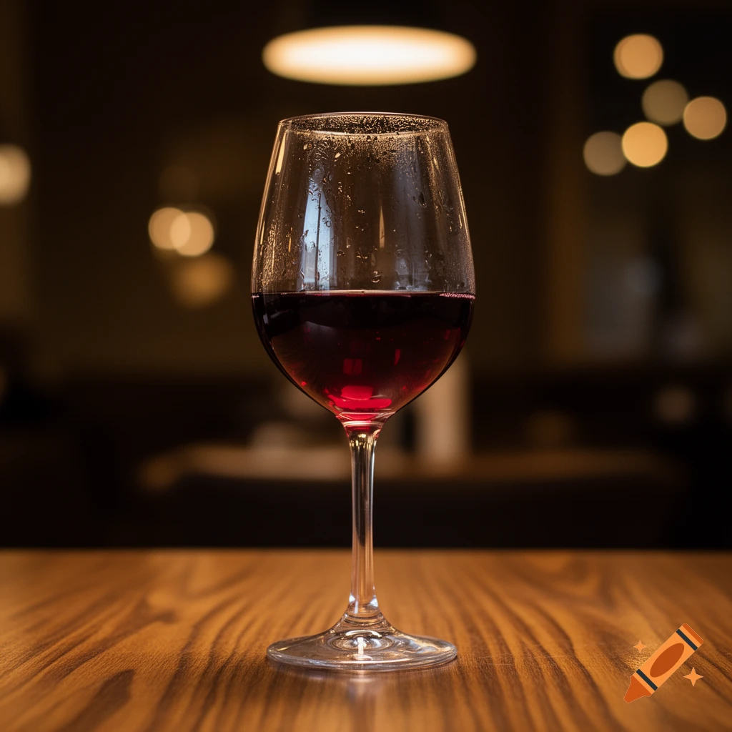 A photorealistic glass of red wine on a wooden table, with blurred background lights.
