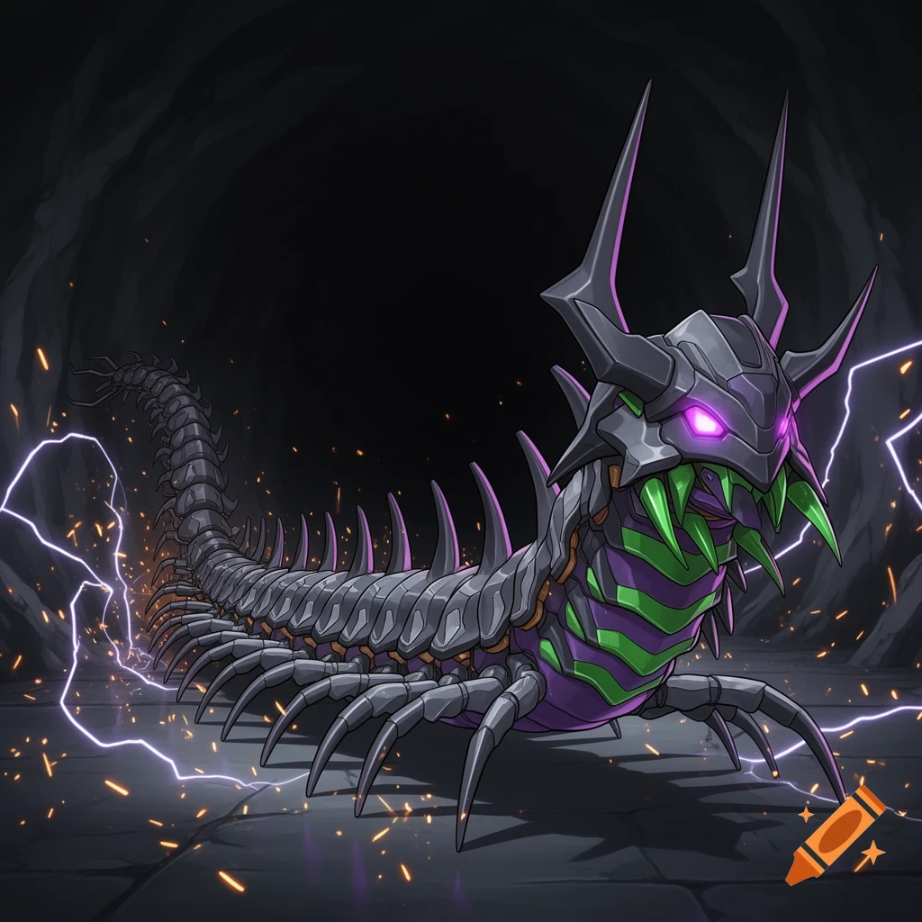 A menacing, armored centipede monster with glowing purple eyes and green fangs in a dark cave, surrounded by purple lightning.