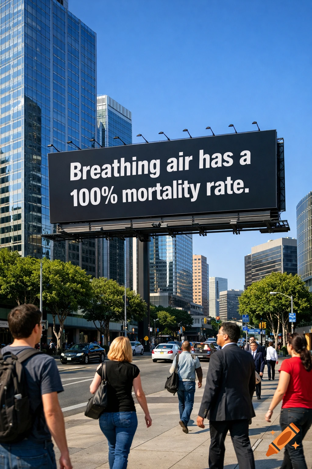 Photorealistic image of a city street with pedestrians and a large billboard reading 'Breathing air has a 100% mortality rate'.
