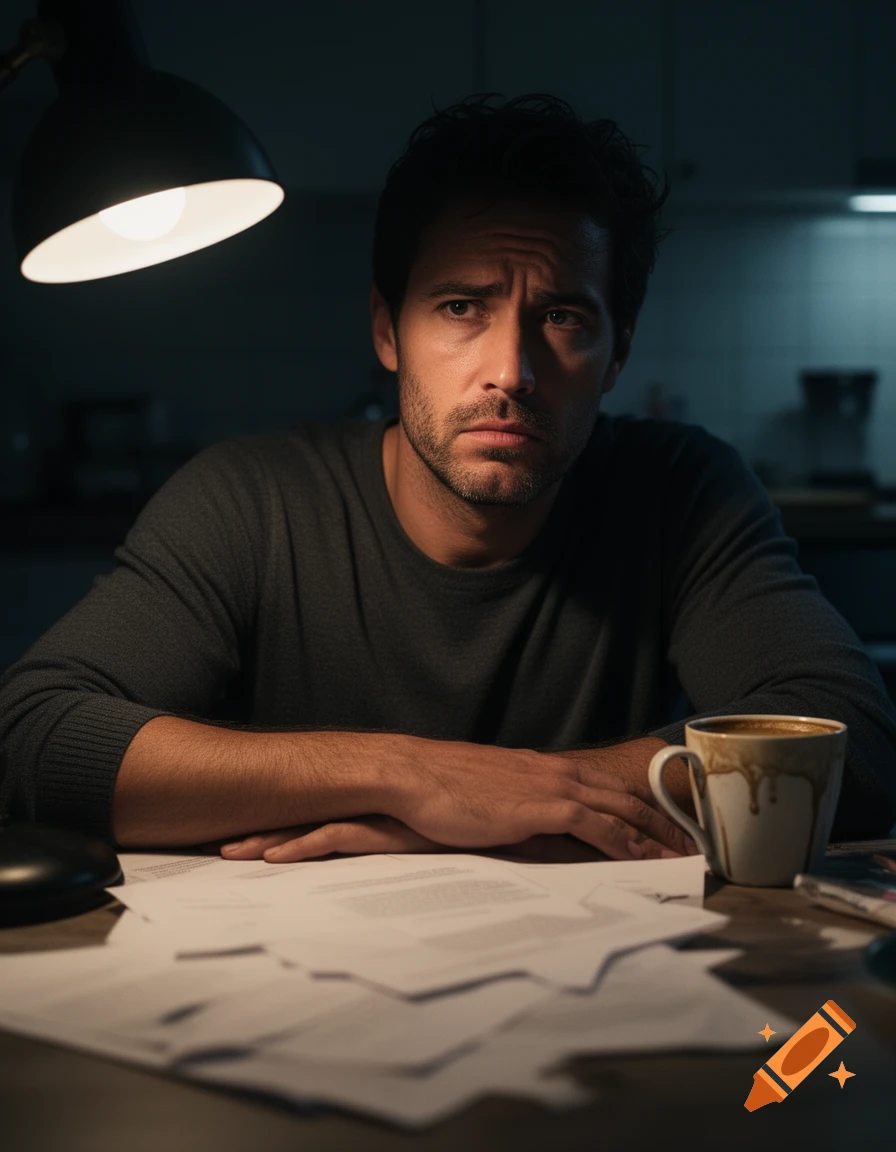 Close-up, hyperrealistic portrait of a thoughtful man in his 30s, sitting at a kitchen table late at night, half-lit by a lamp. Papers and coffee are in the soft foreground, creating a dark, moody atmosphere.