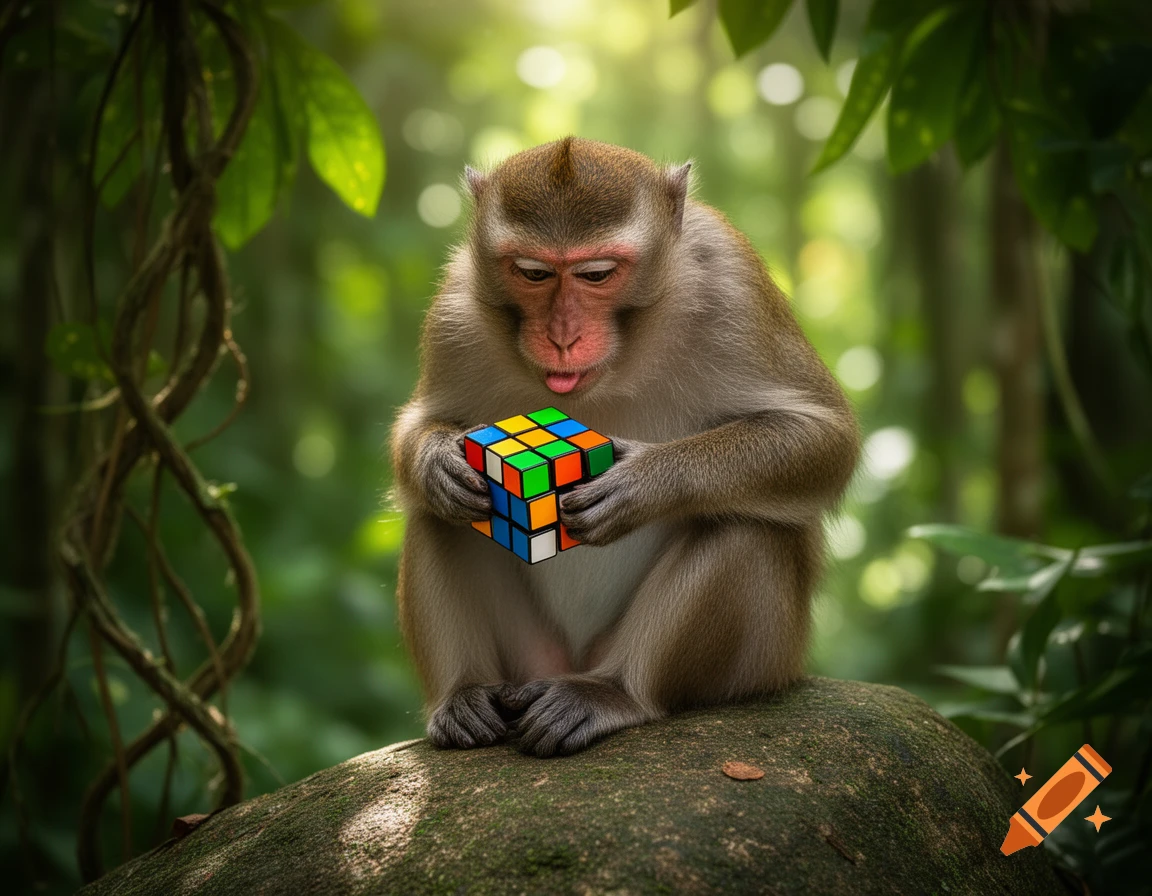 A frustrated monkey sits on a mossy rock in a lush jungle, holding a colorful Rubik's Cube with its tongue slightly out.