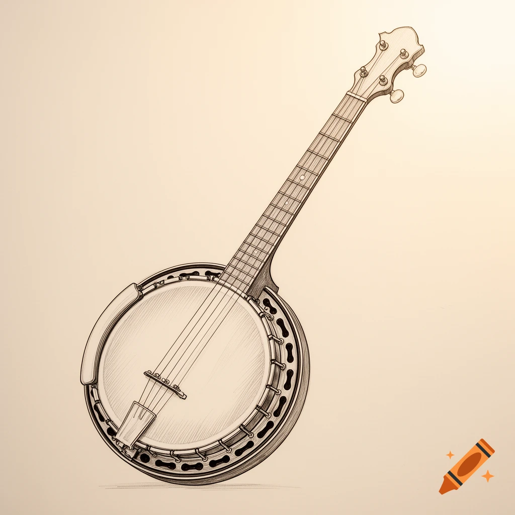A detailed line drawing of a banjo with four strings on a light background.