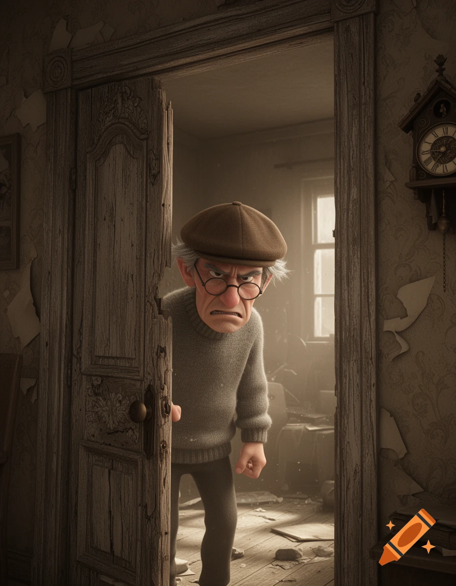 3D animated grumpy old man in a cap peeking suspiciously from behind a broken door in a dusty, dilapidated room.