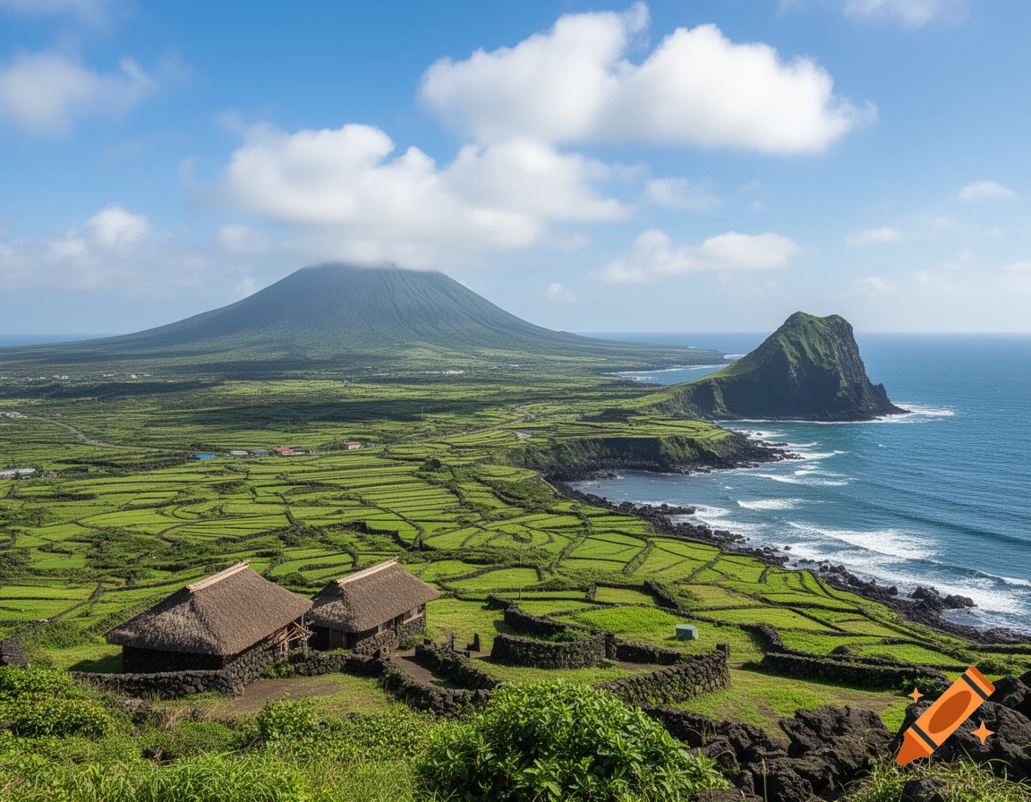 Photorealistic aerial view of a green volcanic island with terraced fields, thatched-roof houses, a rocky coastline, and blue ocean under a partly cloudy sky.