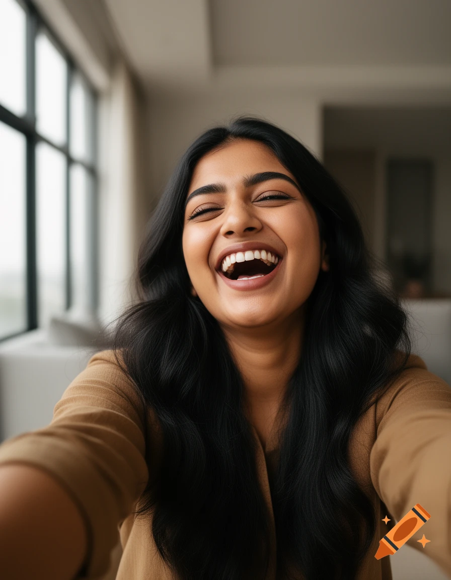 A photorealistic candid selfie of a young Indian woman laughing with her eyes closed indoors.