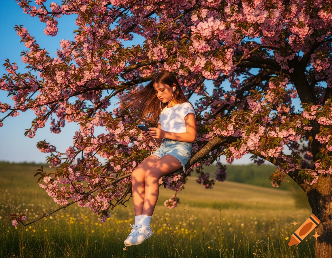 A young girl with headphones sits on a branch of a pink cherry blossom ...