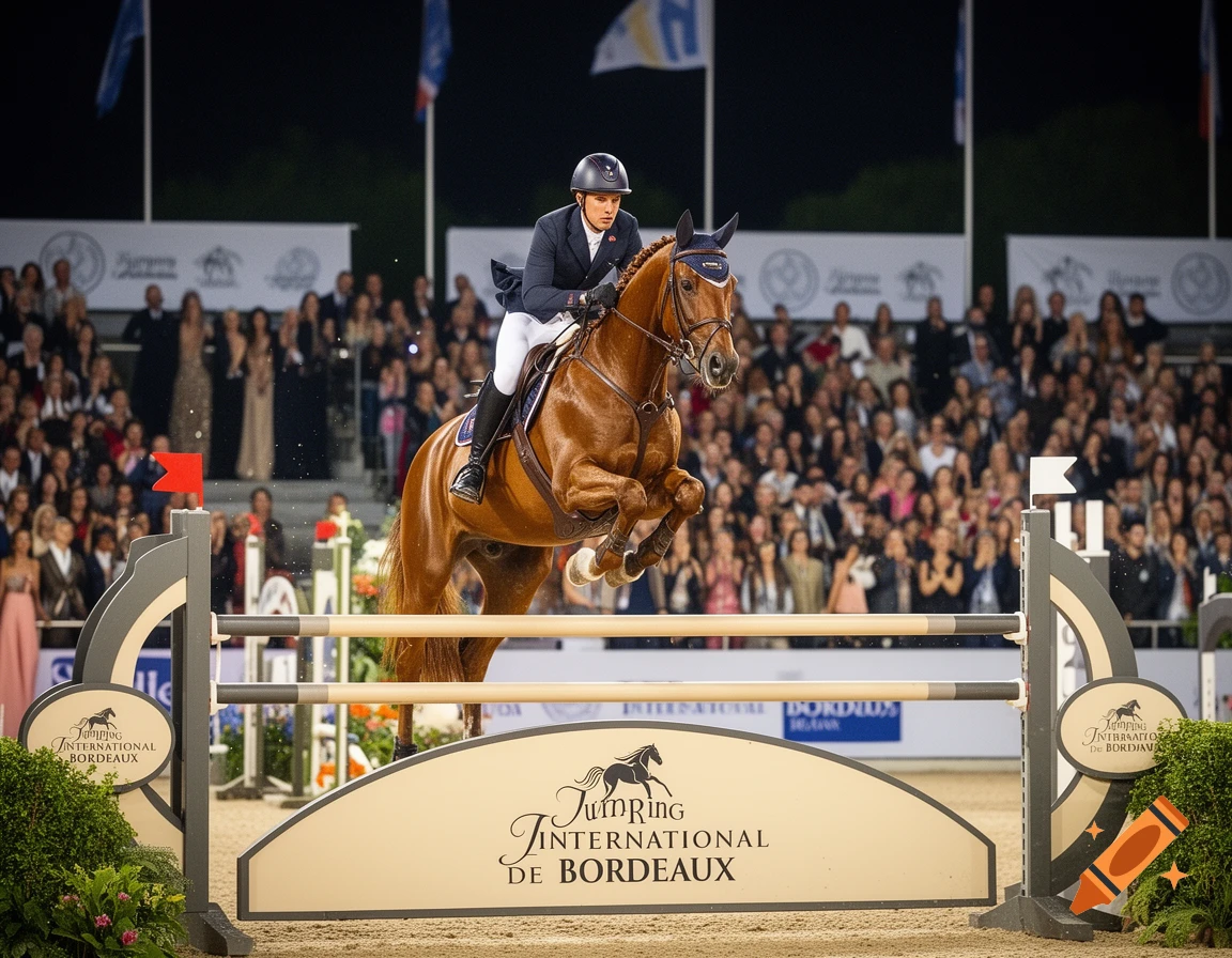 A rider on a brown horse jumps over a barrier displaying "Jumping International de Bordeaux" at a night event with a crowd in the background, photorealistic style.