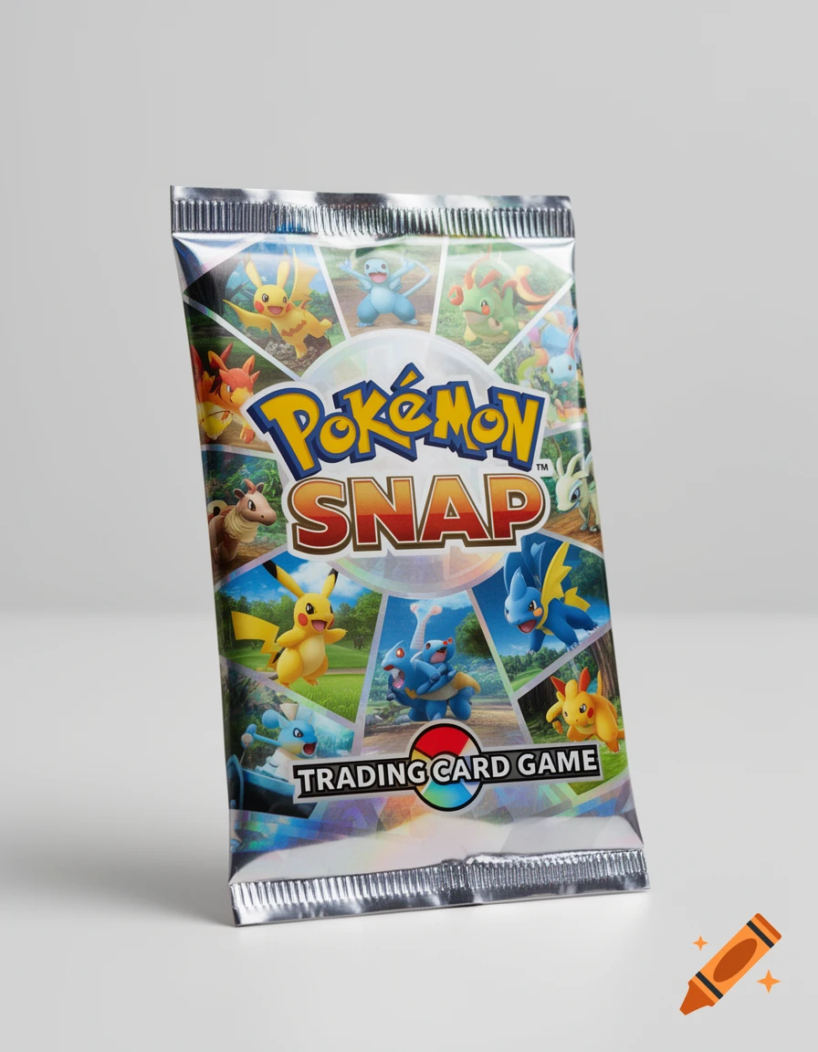Photorealistic Pokémon Snap trading card game booster pack with various Pokémon characters on its metallic cover, against a white background.