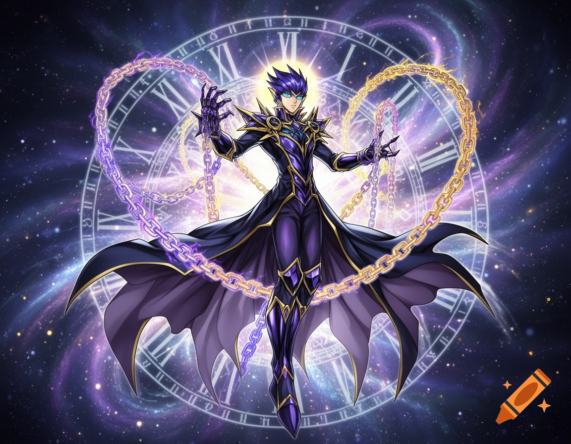 An anime-style male character with purple hair in a dark, armored outfit, manipulating glowing chains against a cosmic clock dial background.