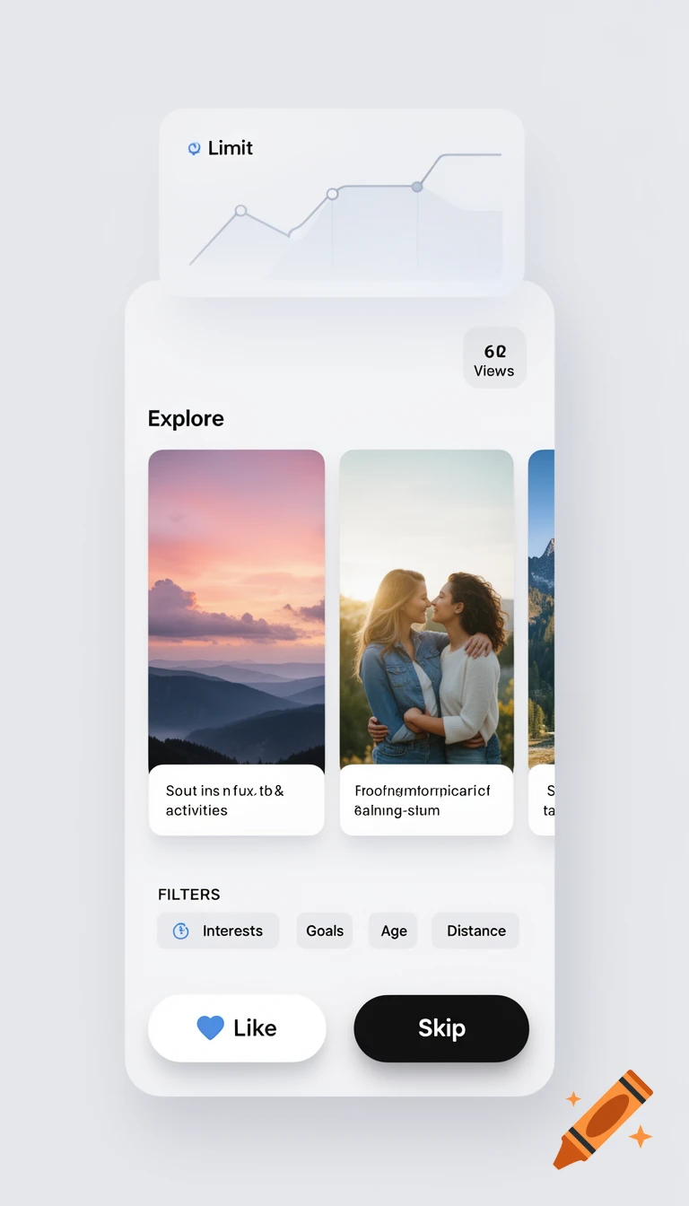 A white mobile app screen titled "Explore" with a graph for "Limit" and three content cards, one showing a sunset landscape and another two women embracing. Filters and Like/Skip buttons are at the bottom.