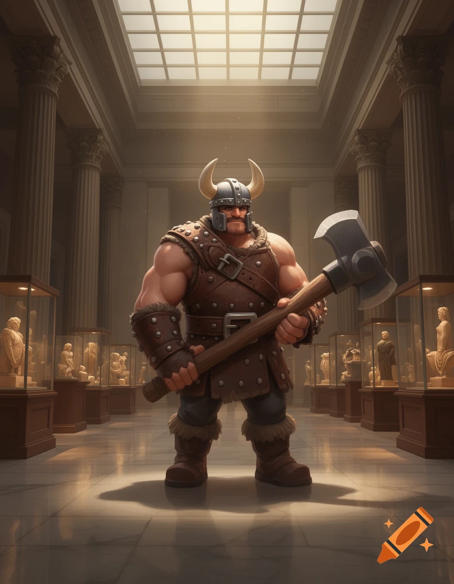 A muscular, cartoonish berserker in a horned helmet and leather armor stands in a grand museum holding a large axe.