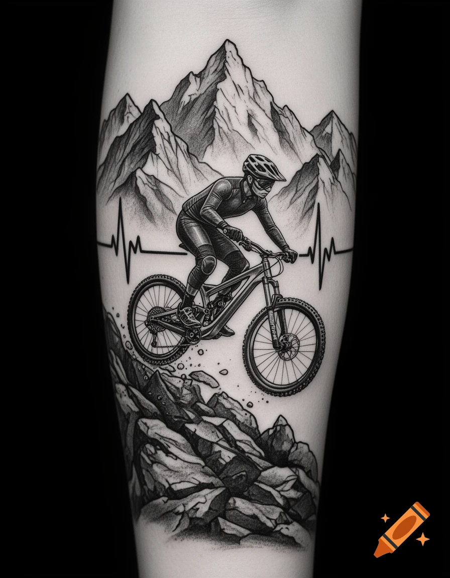 Black and white tattoo design featuring a mountain biker on a rocky trail with jagged mountains and a heartbeat line in the background.