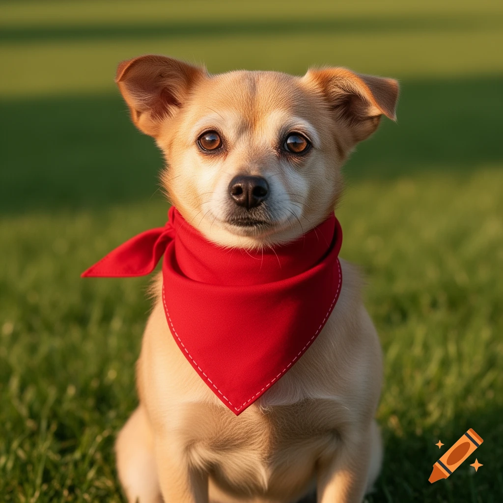 A small, light brown dog wearing a red bandana sits in green grass, looking directly forward.