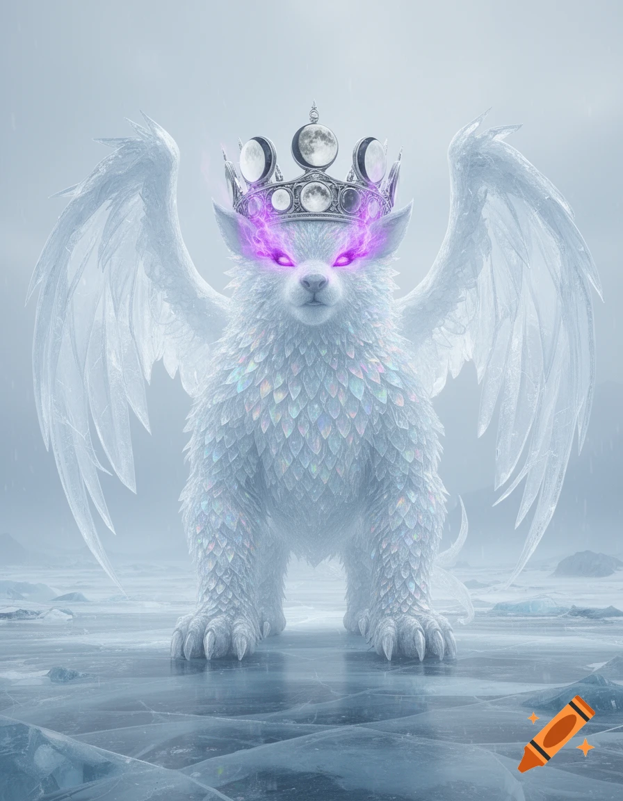 A majestic white ice creature with iridescent scales, glowing purple eyes, and a crown adorned with moon phases stands on a frozen lake.