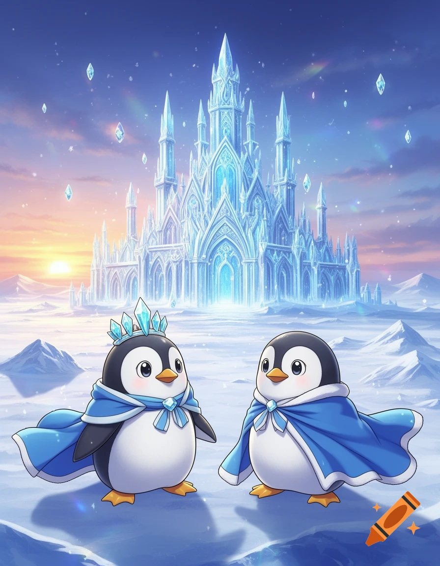 Two adorable anime-style penguins in blue capes stand before a glowing ice castle in a snowy landscape with a sunset sky.