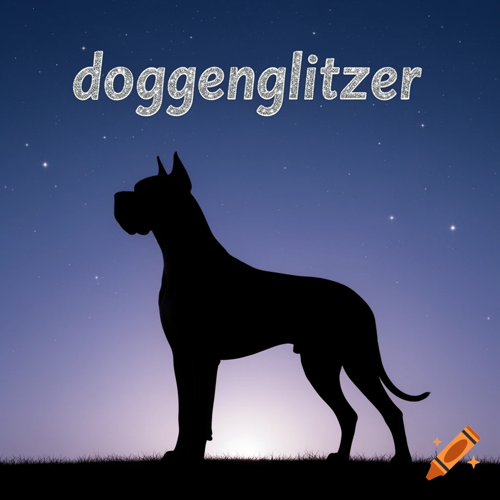 A silhouette of a Great Dane stands on a hill against a starry, purple-blue twilight sky, with "doggenglitzer" text above.