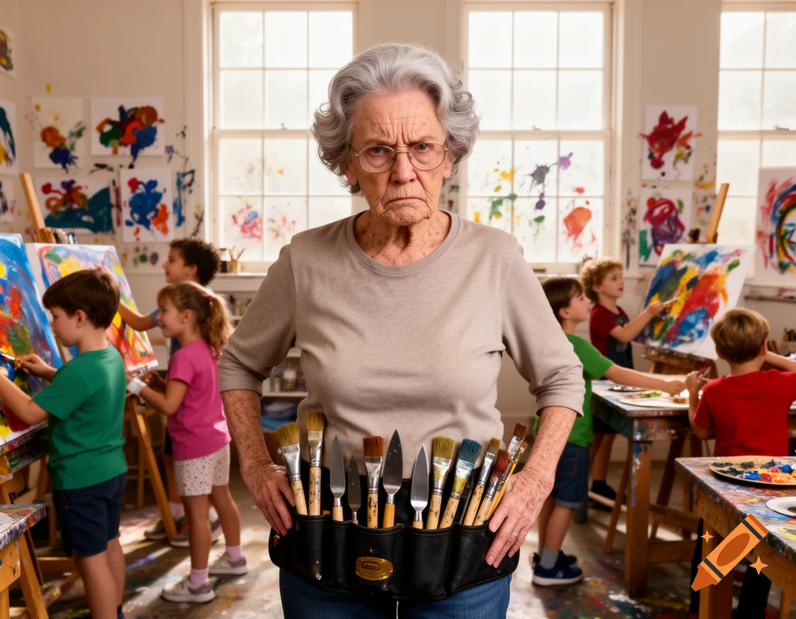 A grumpy elderly art teacher with a utility belt full of brushes and knives stands in a messy art classroom filled with children painting.