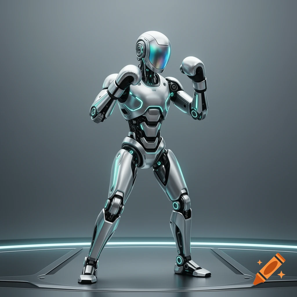 A sleek, metallic robot with glowing cyan accents and boxing gloves stands in a fighting stance on a futuristic platform.