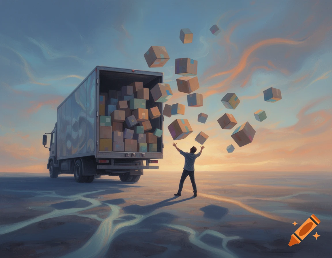 Abstract painting of a man with arms up, facing a truck spilling boxes into a stylized landscape under a colorful sky.