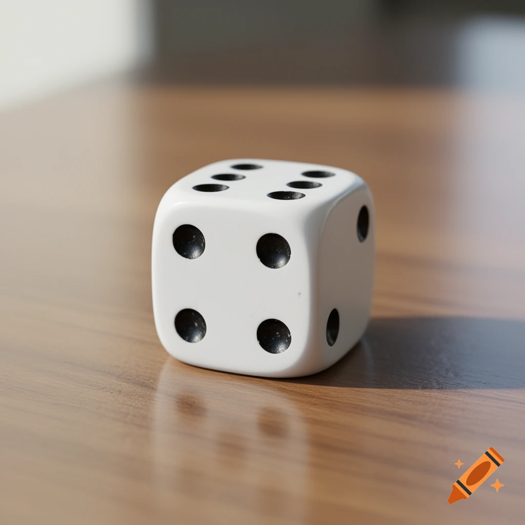 A photorealistic image of a white die with black pips on a wooden table.