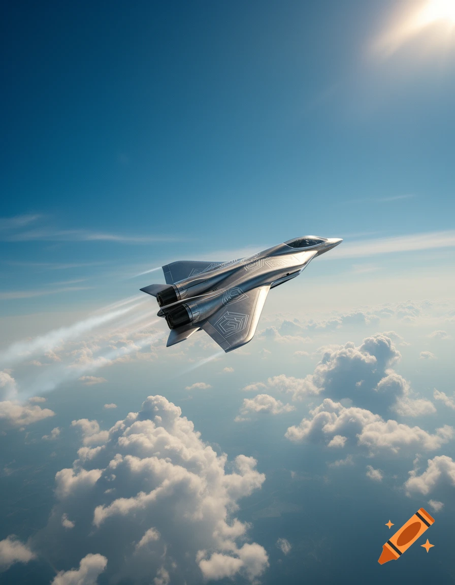 A sleek silver fighter jet with unique patterns flies through a bright blue sky above fluffy white clouds.