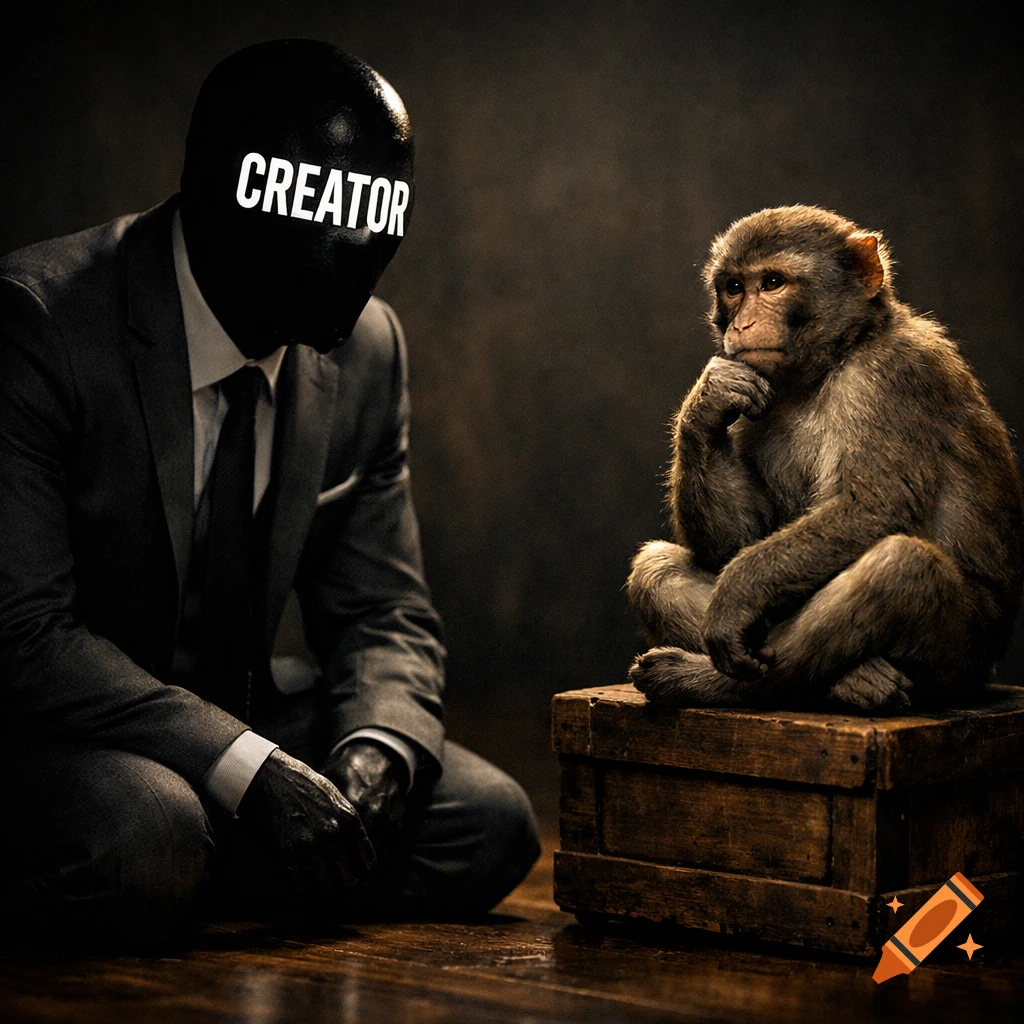 A photorealistic image of a masked man in a suit kneeling before a thinking monkey on a wooden box in a dark room.