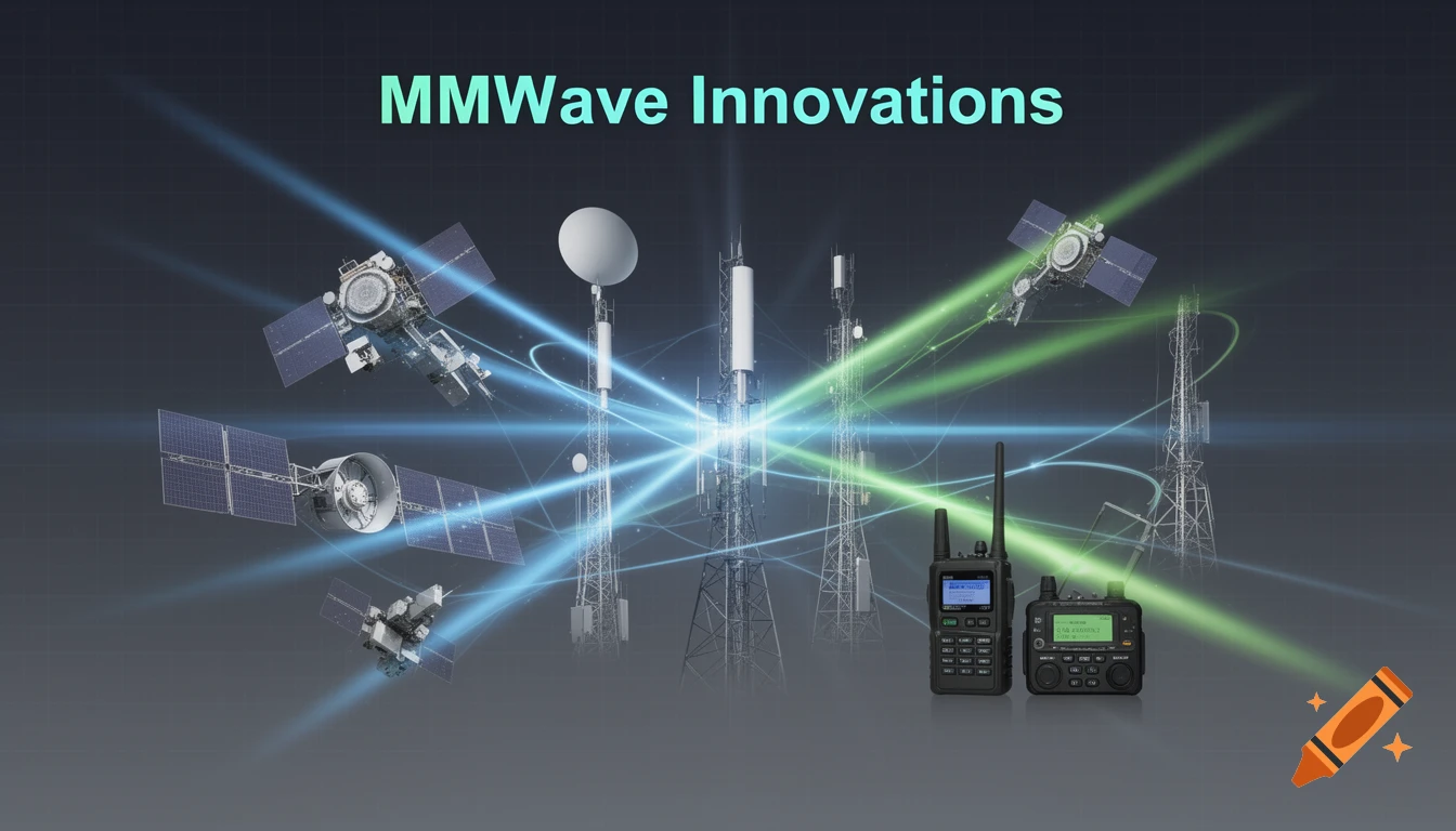 Collage of satellites, antenna towers, and radios with light streaks, showcasing MMWave innovations.