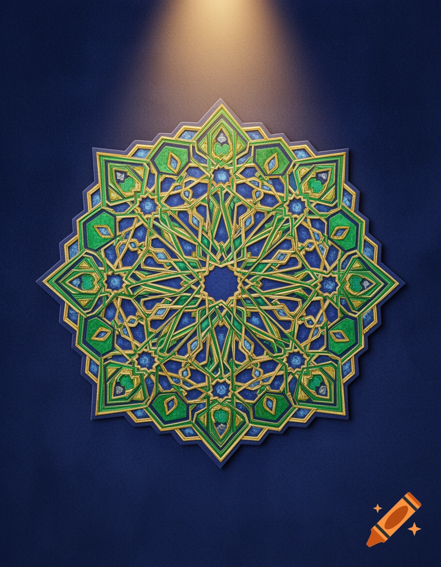 A vibrant, intricate gold, green, and blue geometric Islamic pattern, illuminated from above on a dark blue background.