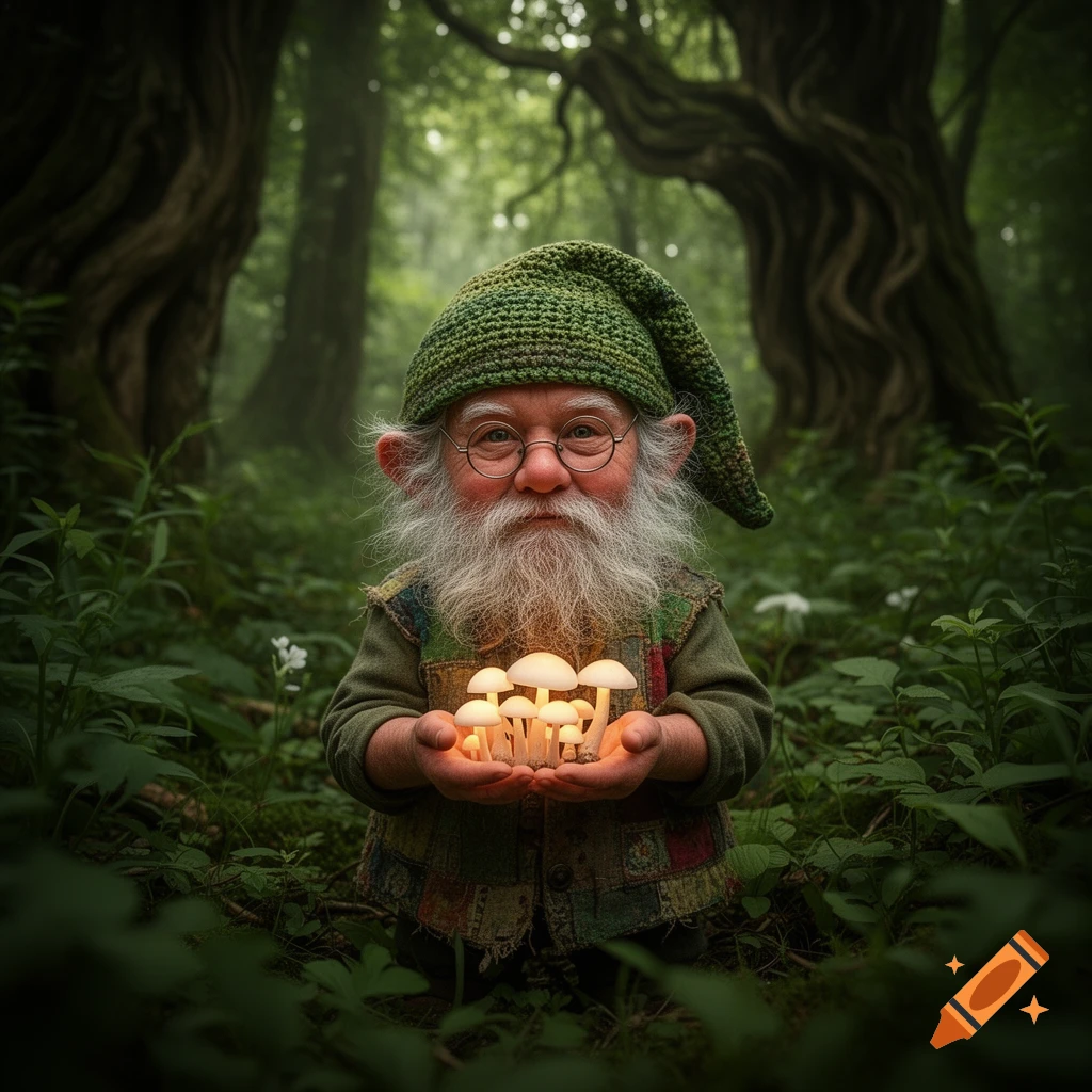 A photorealistic image of a gnome with a long white beard and a green knitted hat, holding glowing mushrooms in a mystical forest.